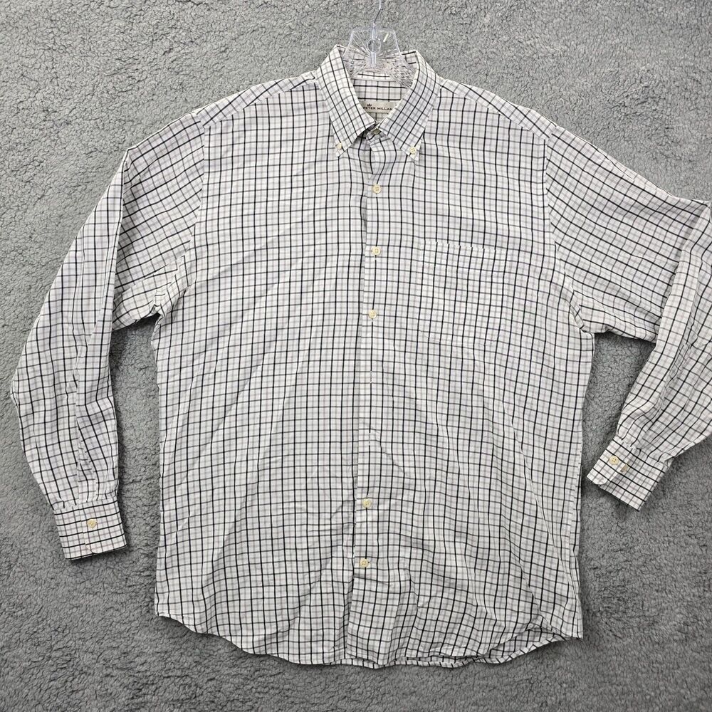Peter Millar Men's Gray White Checker Long Sleeve Button Up Shirt Size L